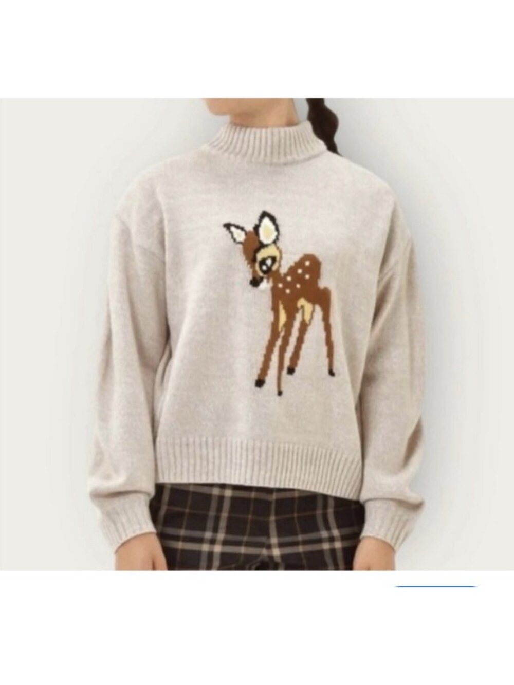 Disney Sweater Women L Beige Bambi Knit Pullover Mock Neck Casual Deer Preppy